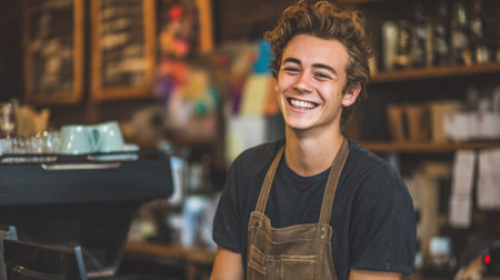 A cheerful barista is smiling while working at a cafe. The warm atmosphere is filled with the aroma of coffee. Customers enjoy their drinks as the barista engages with them.の素材