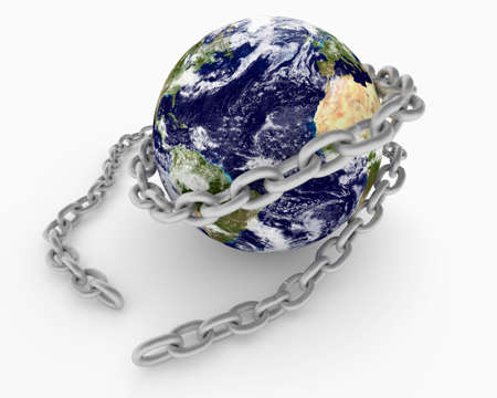 Metal chain wraped around Earth globe. Earth textures NASAの写真素材