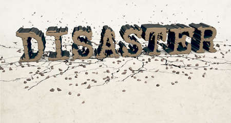 3D computer generated image showing disaster word crushing over ground. As a results cracks and rock...