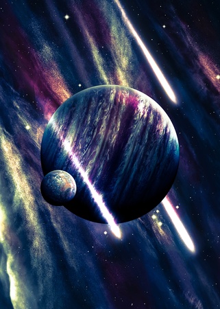 Planets over the nebulae in space