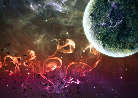 Planet over the nebulae in space.の写真素材