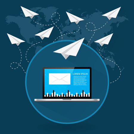 Mails flying around the world as paper airplanesのイラスト素材