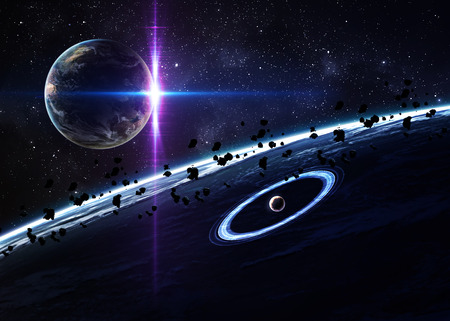 Planets over the nebulae in space. 