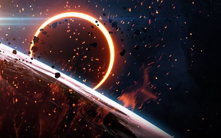 Abstract scientific background - glowing planet Earth in space, solar eclipse, nebula and stars....