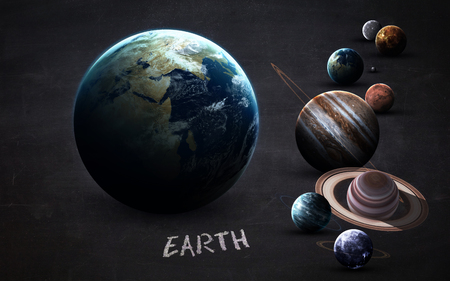 Earth - High resolution images presents planets of the solar system on chalkboard.の写真素材