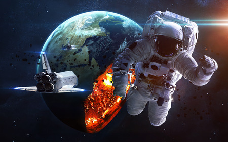 Apocalyptic background - planet Earth exploding, armageddon illustration, end of time. Elements of...