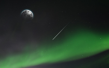 Moon at the night sky. Northern lights. Extremely detailed image, including elements furnished by NASAの写真素材