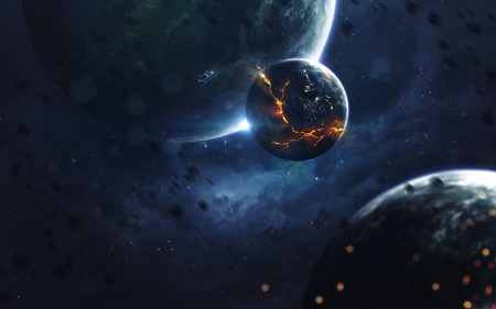 Explosion of planet, science fiction image, dark deep space with giant planets, hot stars,...