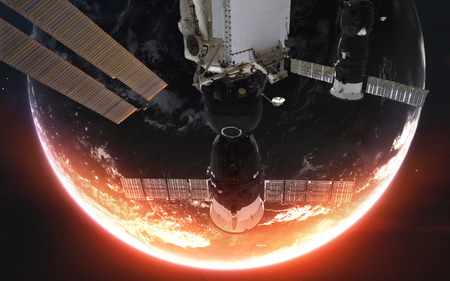 International space station orbiting beautiful Earth planet.