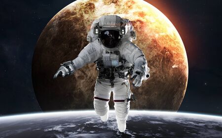 Venus with astronaut in front of planet. Solar system.