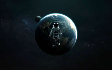 Astronaut and Earth planet with Moon.