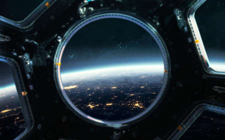 Space station porthole and Earth at night. 5K realistic science fiction art.