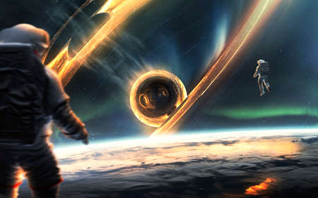 Black hole absorbing light in deep space. 5K realistic science fiction art.
