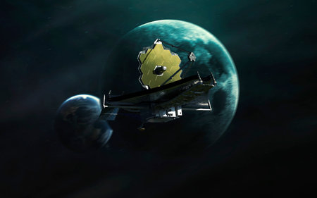 The James Webb telescope at the Langrange point L2. JWST launch art.