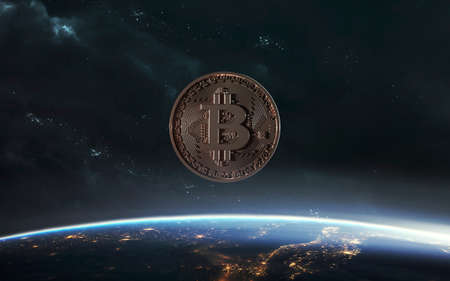 3D illustration of Cryptocurrencies and blockchain technology of digital money around the world. Bitcoin and Ethereum.の写真素材