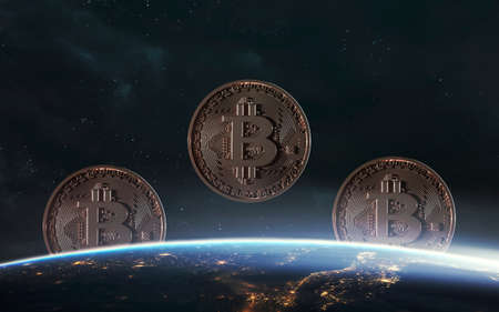 3D illustration of Bitcoin on the background of the planet Earth. Cryptocurrencies - the blockchain...