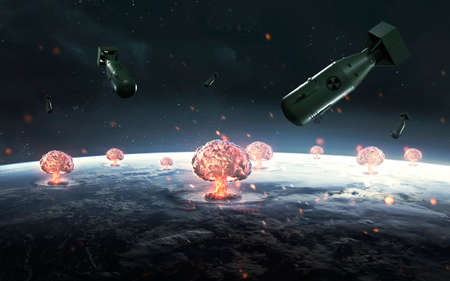 3D illustration of Nuclear explosion over planet earth. World war, end of civilization.