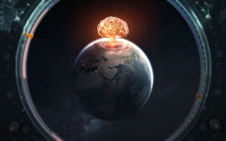 3D illustration of Nuclear explosion over planet earth. World war, end of civilization.