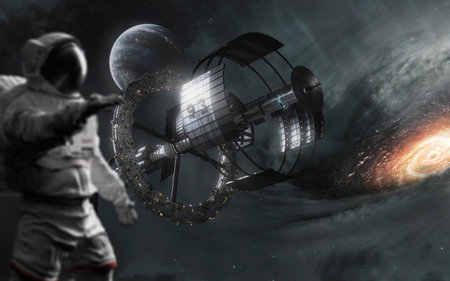 3D illustration of Space station in deep space. 5K realistic science fiction art.の写真素材
