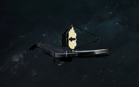 3D illustration of Webb telescope explores deep space. JWST launch art.の写真素材