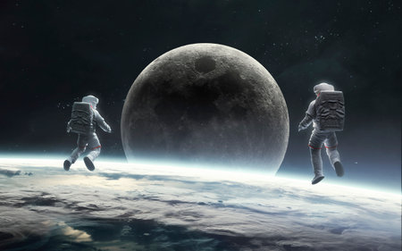3D illustration of astronauts looks at Moon. Artemis space program. 5K realistic science fiction art.の写真素材