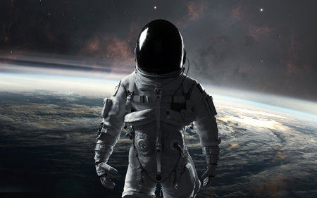 3D illustration astronaut at earth orbit. 5K realistic science fiction art.
