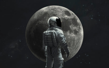 3D illustration of Orion astronaut with Moon on the background. Artemis space program. 5K realistic science fiction art.の写真素材