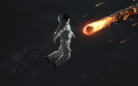 3D illustration of astronaut defending planet from meteorite. 5K realistic science fiction art.の写真素材