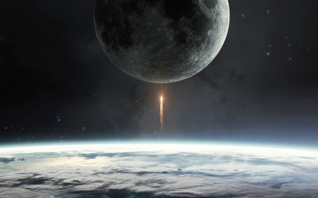 3D illustration of Space rocket take off from Earth. Mission on Moon of Orion spacecraft. Spaceship...