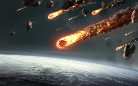 3D illustration of Burning meteors shower falling to Earth. Asteroid field.