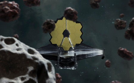 3D illustration of Webb telescope explores deep space. JWST launch art.
