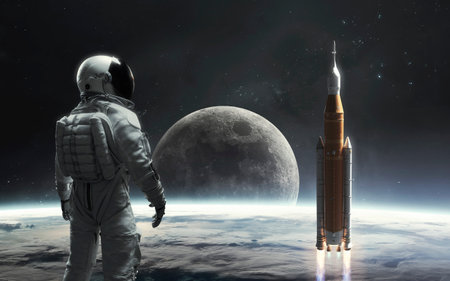 3D illustration of astronaut looks at Moon and SLS rocket start. Artemis space program. 5K realistic...