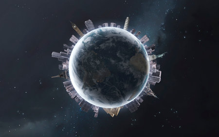 Miniature planet Earth, with attractions and showplaces of all world. 5K realistic science fiction...