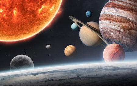 3D illustration of Solar system planets and objects. Sun, Mercury, Venus, planet Earth, Mars,...