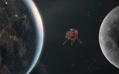 3D illustration of the lunar mission. Moon lander, lunar spacecraft.