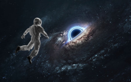 3D illustration of black hole and astronaut. 5K realistic science fiction art.の写真素材