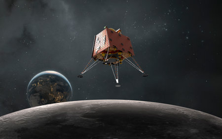 3D illustration of the lunar mission. Moon lander, lunar spacecraft.