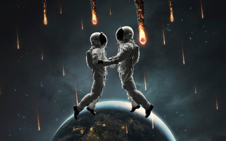 3D illustration of astronauts at Earth orbit. Space walk. 5K realistic science fiction art.