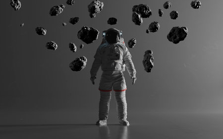 3D illustration of astronauts with asteroidsの写真素材