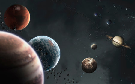 3D illustration of solar system and all planets. 5K sci-fi visualization.