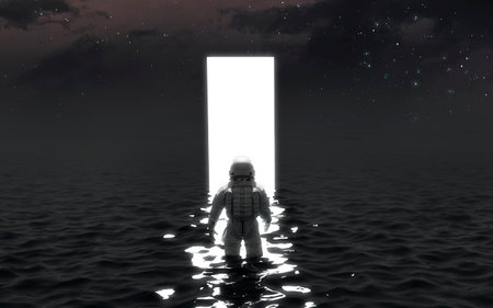 3D illustration of astronaut looks at fantastic door in space. 5K realistic science fiction art.の写真素材