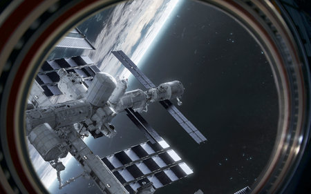 3D illustration of International space station near Earth. High quality digital space art in 5K -...