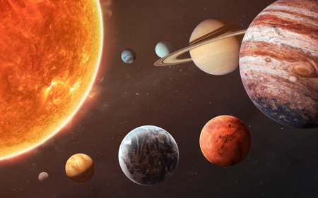 3D illustration of Solar system planets and objects. Sun, Mercury, Venus, planet Earth, Mars,...