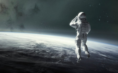 3D illustration of astronaut at Earth orbit. Space walk. 5K realistic science fiction art.