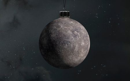 3D illustration of Mercury - Solar system planets as Christmas tree decoration ball. 5K realistic...