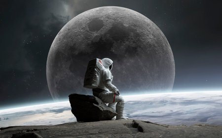 3D illustration of Astronaut sits on the surface of the moon and looks at space. 5K realistic science fiction art.の写真素材