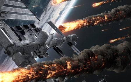 3D illustration of meteor shower and space station. High quality digital space art in 5K - realistic visualizationの写真素材