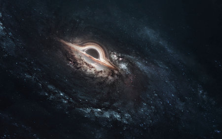 3D illustration of giant black hole and event horizon. 5K realistic science fiction art. High quality render.の写真素材
