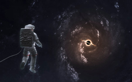 3D illustration of black hole and astronaut. 5K realistic science fiction art.の写真素材