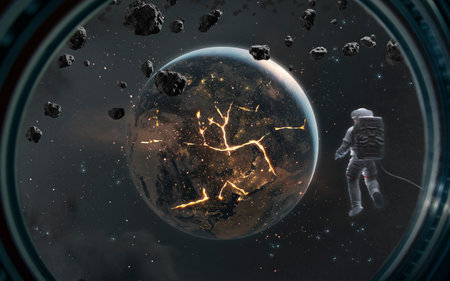 3D illustration of astronaut looking at burning Earth planet. Planet explosion. Science fiction 5K...